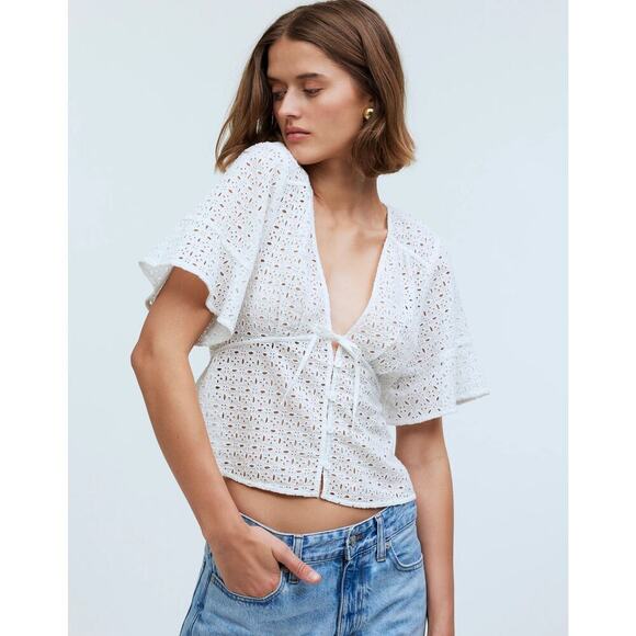 Madewell Eyelet Tie Front Top Short Sleeve V Neck Soft White NWT Size Large - Picture 4 of 13